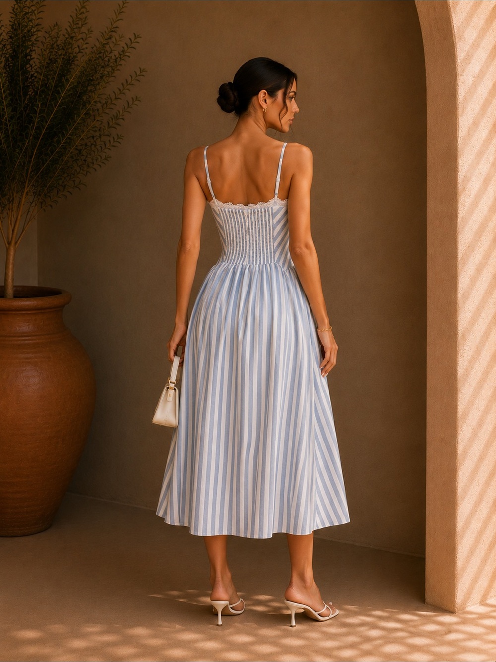 Commense Blue Striped Cotton Lace Trim Maxi Dress XS | European Summer Dress - Picture 2 of 7